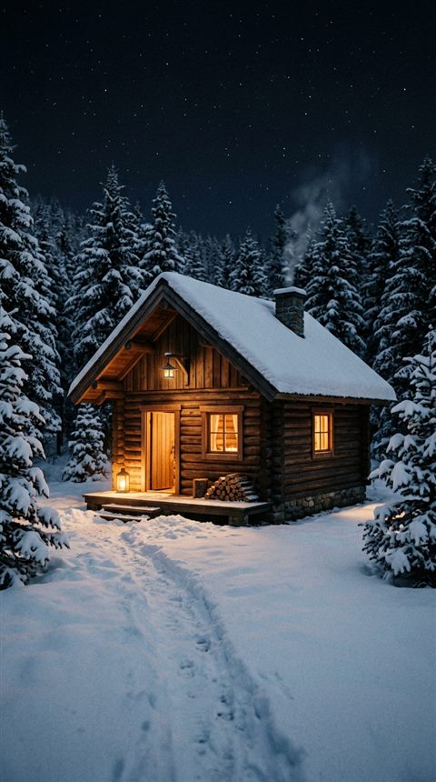 Cinematic film still of cozy wooden cabin in the snow at night, centered subject with a simple uncluttered composition, soft pastel colors, bright and cozy, 9:16 aspect ratio