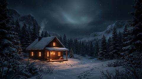 Soft 3d render of cozy wooden cabin in the snow at night, wide shot with open space at the top for text, moody dark tones, dramatic lighting, 16:9 aspect ratio