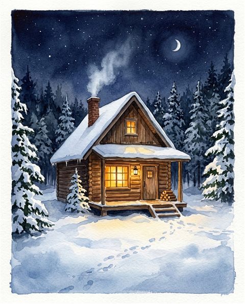 Watercolor illustration of cozy wooden cabin in the snow at night, centered subject with a simple uncluttered composition, warm golden light, calm mood, 4:5 aspect ratio