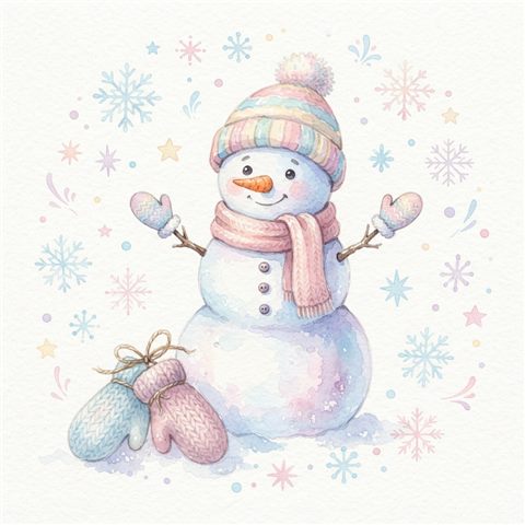 Watercolor illustration on a plain white background of snowman, mittens and snowflakes, isolated single subject, centered, soft pastel colors, bright and cozy, 1:1 aspect ratio
