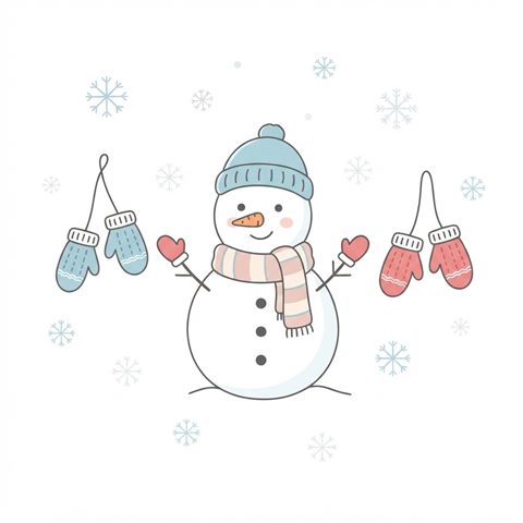 Simple line art with soft colors on a plain white background of snowman, mittens and snowflakes, simple icon-like composition, soft pastel colors, bright and cozy, 1:1 aspect ratio