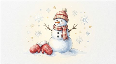 Watercolor illustration on a plain white background of snowman, mittens and snowflakes, simple icon-like composition, warm golden light, calm mood, 16:9 aspect ratio