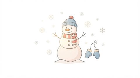 Simple line art with soft colors on a plain white background of snowman, mittens and snowflakes, isolated single subject, centered, warm golden light, calm mood, 16:9 aspect ratio