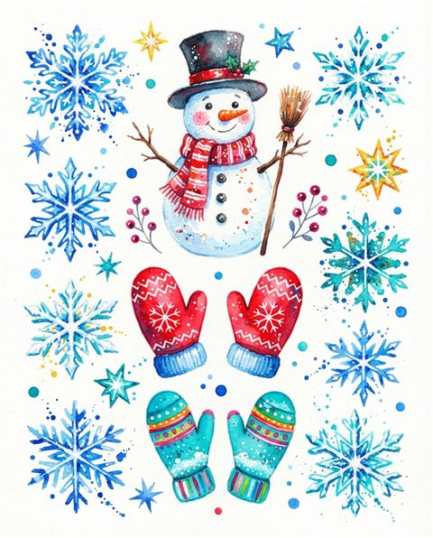 Watercolor illustration on a plain white background of snowman, mittens and snowflakes, small set of several items arranged neatly, vivid colors, high contrast, energetic, 4:5 aspect ratio