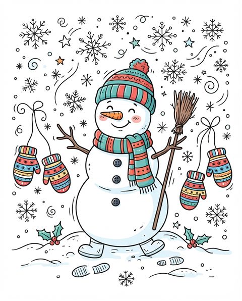 Simple line art with soft colors on a plain white background of snowman, mittens and snowflakes, cheerful scene with gentle details, vivid colors, high contrast, energetic, 4:5 aspect ratio
