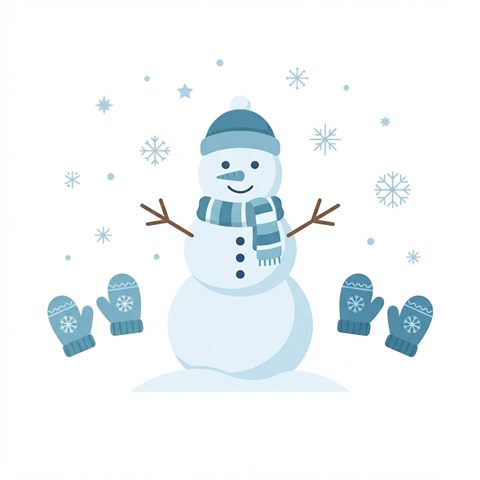 Flat vector illustration on a plain white background of snowman, mittens and snowflakes, isolated single subject, centered, cool blue tones, quiet atmosphere, 1:1 aspect ratio
