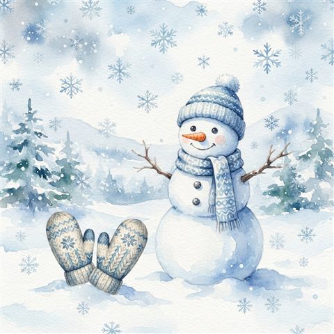 Watercolor illustration on a plain white background of snowman, mittens and snowflakes, cheerful scene with gentle details, cool blue tones, quiet atmosphere, 1:1 aspect ratio
