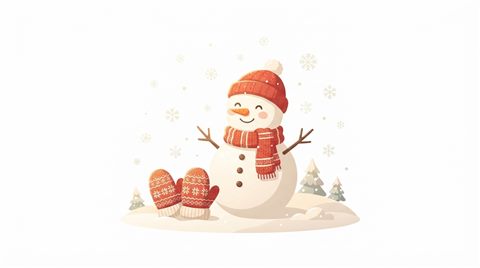 Flat vector illustration on a plain white background of snowman, mittens and snowflakes, cheerful scene with gentle details, warm golden light, calm mood, 16:9 aspect ratio