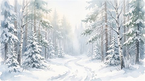 Watercolor illustration of quiet snowy forest with soft light, centered subject with a simple uncluttered composition, misty morning haze, dreamy, 16:9 aspect ratio