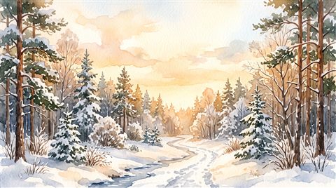 Watercolor illustration of quiet snowy forest with soft light, wide shot with open space at the top for text, warm golden light, calm mood, 16:9 aspect ratio