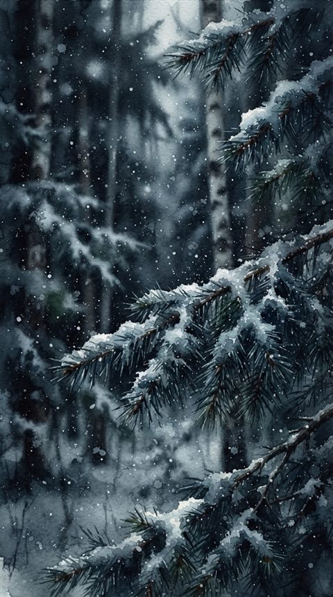 Watercolor illustration of quiet snowy forest with soft light, close-up detail with shallow depth of field, moody dark tones, dramatic lighting, 9:16 aspect ratio