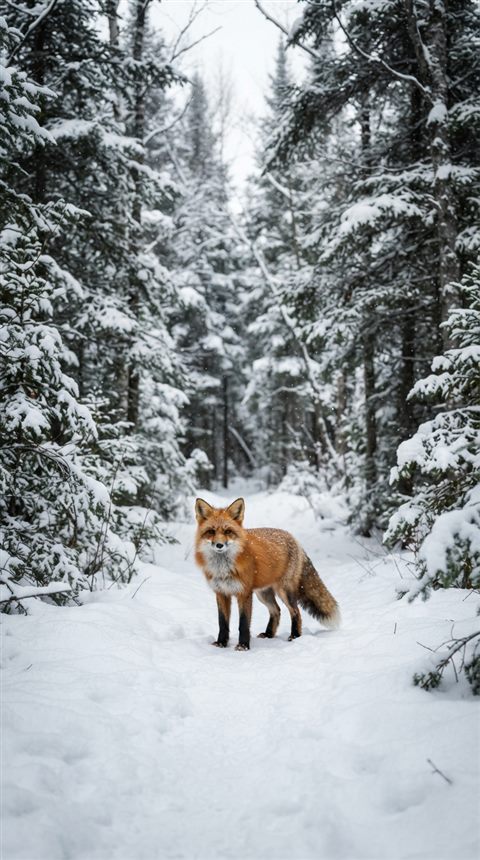Photorealistic photo of quiet snowy forest with soft light, centered subject with a simple uncluttered composition, vivid colors, high contrast, energetic, 9:16 aspect ratio