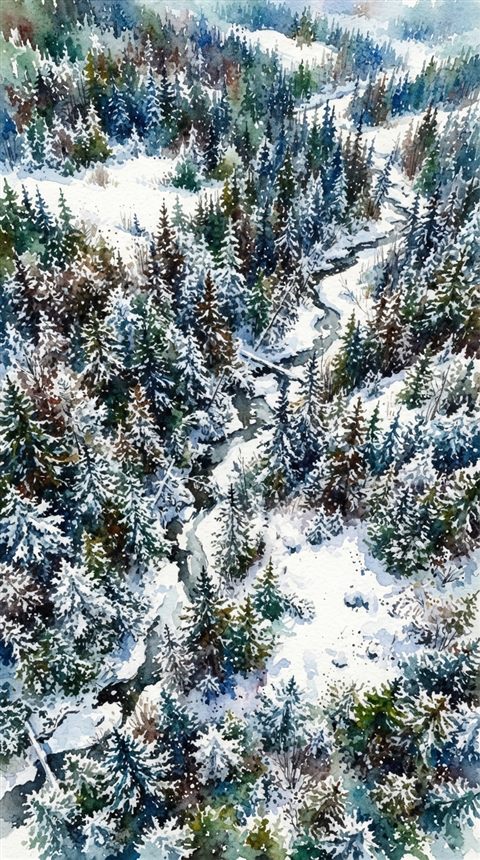 Watercolor illustration of quiet snowy forest with soft light, high-angle view from above, vivid colors, high contrast, energetic, 9:16 aspect ratio