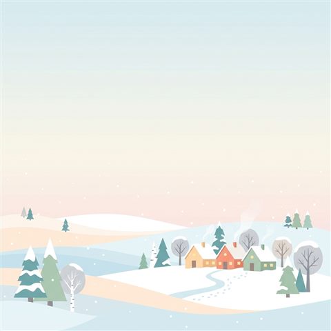 Minimal flat illustration of snowy winter landscape, wide shot with open space at the top for text, soft pastel colors, bright and cozy, 1:1 aspect ratio