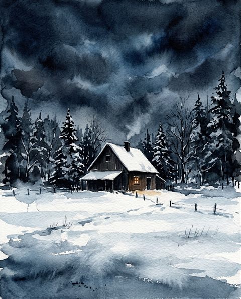 Watercolor illustration of snowy winter landscape, centered subject with a simple uncluttered composition, moody dark tones, dramatic lighting, 4:5 aspect ratio