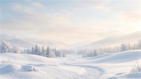 Soft 3d render of snowy winter landscape, wide shot with open space at the top for text, misty morning haze, dreamy, 16:9 aspect ratio