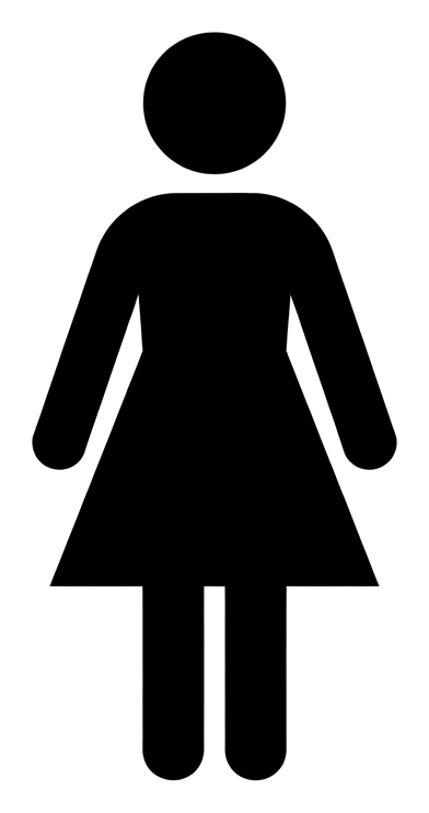 Standard pictogram, solid black figure of a women's restroom pictogram with a single woman figure in a dress, transparent background PNG