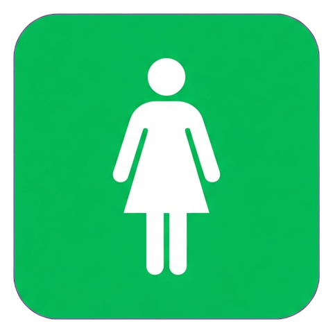 Pictogram sign, white figure on a solid green rounded square of a women's restroom pictogram with a single woman figure in a dress, transparent background PNG