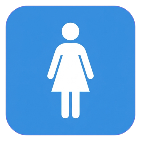 Pictogram sign, white figure on a solid blue rounded square of a women's restroom pictogram with a single woman figure in a dress, transparent background PNG