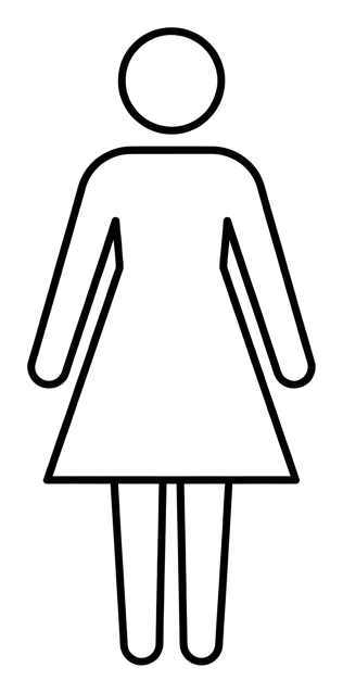 Thin line pictogram, black outline of a women's restroom pictogram with a single woman figure in a dress, transparent background PNG