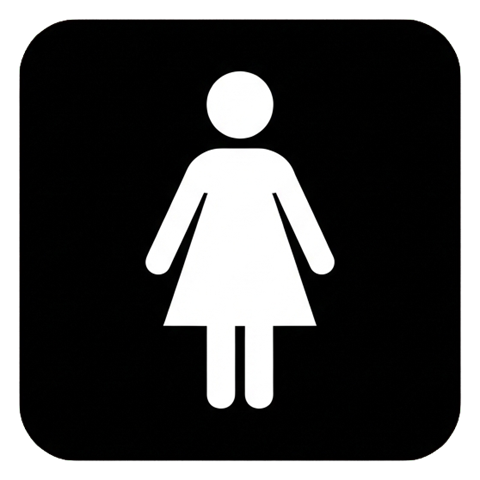 Pictogram sign, white figure on a solid black rounded square of a women's restroom pictogram with a single woman figure in a dress, transparent background PNG