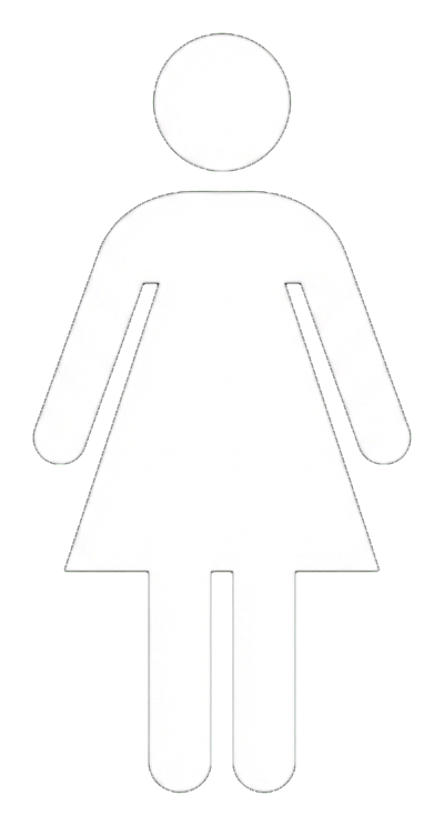 Flat color pictogram, friendly bright colors of a women's restroom pictogram with a single woman figure in a dress, transparent background PNG