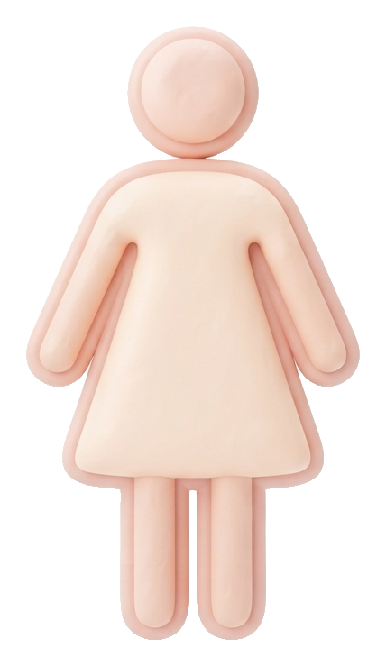 Soft 3D pictogram, pastel clay render of a women's restroom pictogram with a single woman figure in a dress, transparent background PNG
