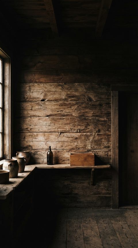 Cinematic film still of wood texture, wide shot with open space at the top for text, moody dark tones, dramatic lighting, 9:16 aspect ratio