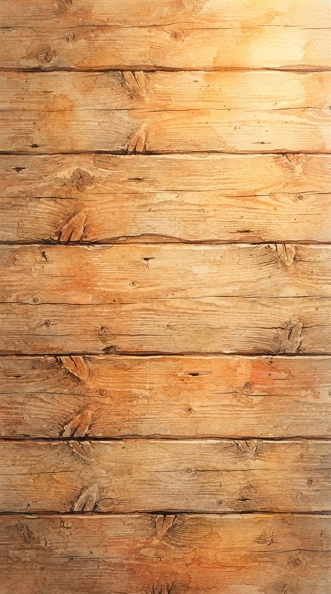 Watercolor illustration of wood texture, high-angle view from above, warm golden light, calm mood, 9:16 aspect ratio