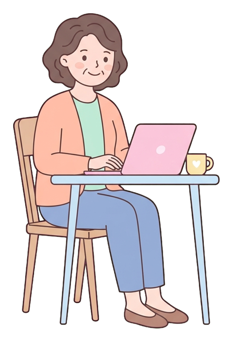 Simple cute flat cartoon illustration with soft pastel colors and thin clean dark outlines of a middle-aged woman, person working from home on a laptop at a small table with a mug, transparent background PNG