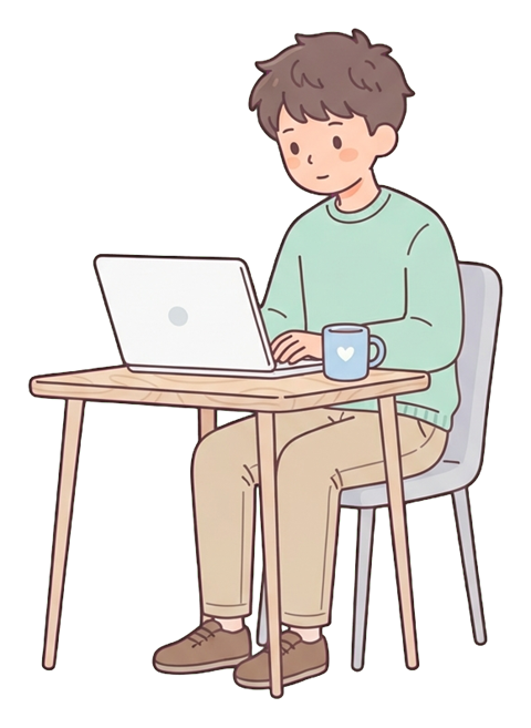 Simple cute flat cartoon illustration with soft pastel colors and thin clean dark outlines of a young man, person working from home on a laptop at a small table with a mug, transparent background PNG