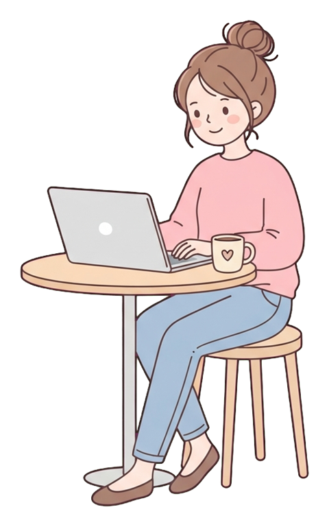 Simple cute flat cartoon illustration with soft pastel colors and thin clean dark outlines of a young woman, person working from home on a laptop at a small table with a mug, transparent background PNG