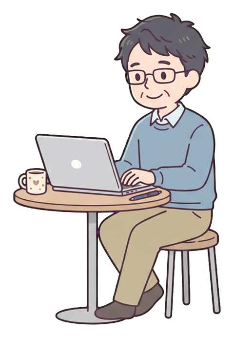 Simple cute flat cartoon illustration with soft pastel colors and thin clean dark outlines of a middle-aged man, person working from home on a laptop at a small table with a mug, transparent background PNG