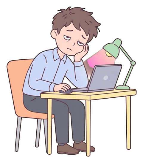 Simple cute flat cartoon illustration with soft pastel colors and thin clean dark outlines of a young man, tired office worker working late at a desk with a desk lamp and laptop, transparent background PNG