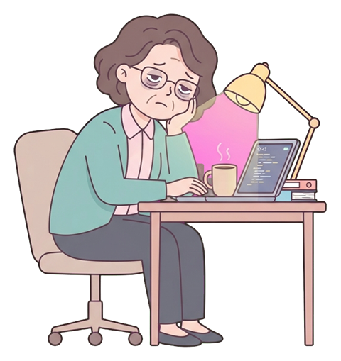 Simple cute flat cartoon illustration with soft pastel colors and thin clean dark outlines of a middle-aged woman, tired office worker working late at a desk with a desk lamp and laptop, transparent background PNG
