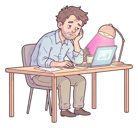 Simple cute flat cartoon illustration with soft pastel colors and thin clean dark outlines of a middle-aged man, tired office worker working late at a desk with a desk lamp and laptop, transparent background PNG
