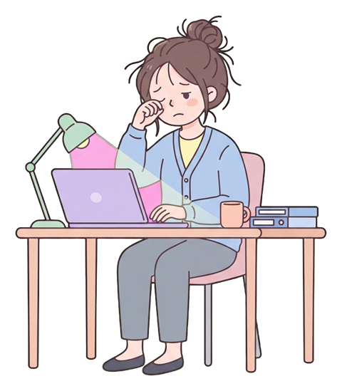 Simple cute flat cartoon illustration with soft pastel colors and thin clean dark outlines of a young woman, tired office worker working late at a desk with a desk lamp and laptop, transparent background PNG