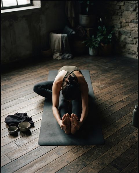 Cinematic film still of yoga practice, high-angle view from above, moody dark tones, dramatic lighting, 4:5 aspect ratio