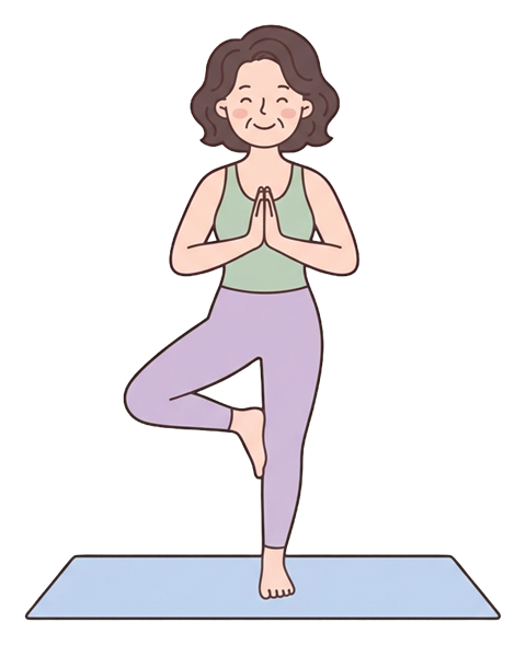 Simple cute flat cartoon illustration with soft pastel colors and thin clean dark outlines of a middle-aged woman, person doing a yoga pose on a mat, transparent background PNG