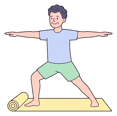 Simple cute flat cartoon illustration with soft pastel colors and thin clean dark outlines of a middle-aged man, person doing a yoga pose on a mat, transparent background PNG