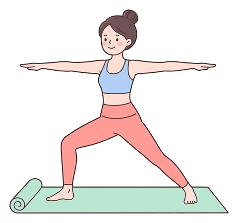 Simple cute flat cartoon illustration with soft pastel colors and thin clean dark outlines of a young woman, person doing a yoga pose on a mat, transparent background PNG