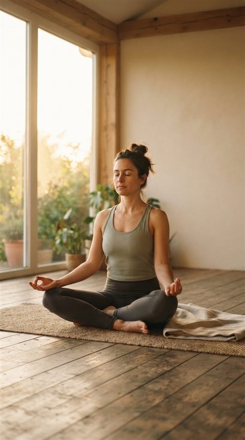 Cinematic film still of yoga practice, centered subject with a simple uncluttered composition, warm golden light, calm mood, 9:16 aspect ratio