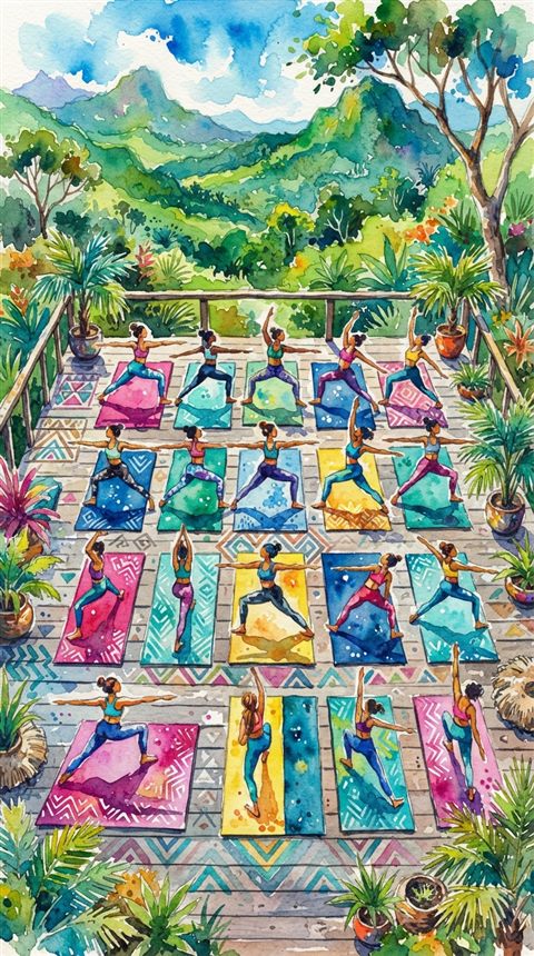 Watercolor illustration of yoga practice, high-angle view from above, vivid colors, high contrast, energetic, 9:16 aspect ratio