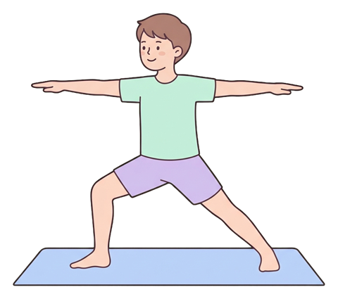 Simple cute flat cartoon illustration with soft pastel colors and thin clean dark outlines of a young man, person doing a yoga pose on a mat, transparent background PNG