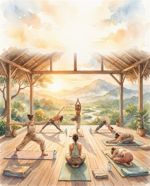 Watercolor illustration of yoga practice, wide shot with open space at the top for text, warm golden light, calm mood, 4:5 aspect ratio