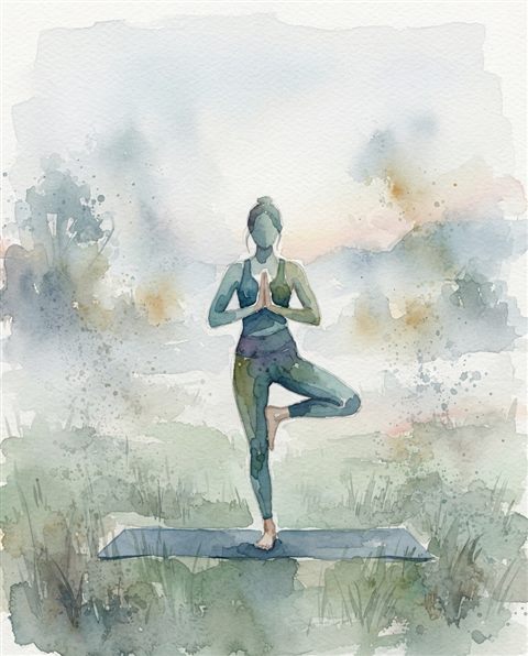 Watercolor illustration of yoga practice, centered subject with a simple uncluttered composition, misty morning haze, dreamy, 4:5 aspect ratio