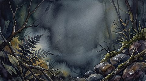 가운데가 비어 있는 넓은 배너 배경, 수채화 일러스트, 가까이 담은 디테일, 얕은 심도, 어두운 톤, 극적인 조명, 16:9 비율