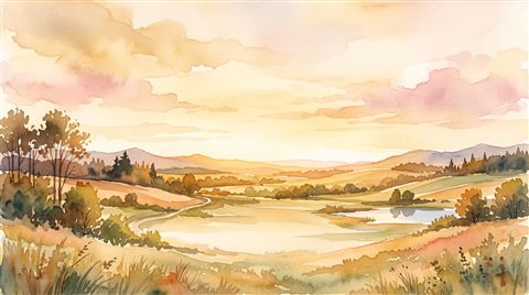 Watercolor illustration of wide panoramic banner background with a calm empty area in the center, wide shot with open space at the top for text, warm golden light, calm mood, 16:9 aspect ratio