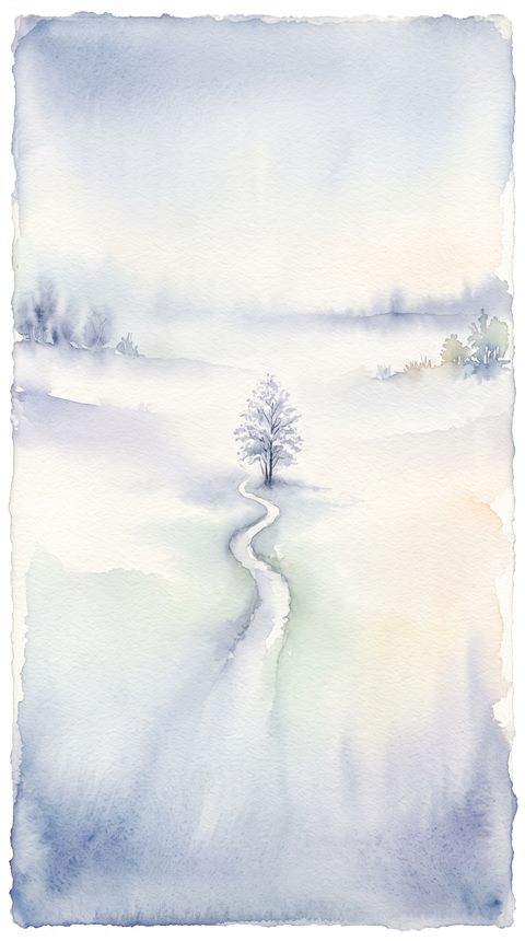 가운데가 비어 있는 넓은 배너 배경, 수채화 일러스트, 단순하고 깔끔한 구도 가운데 놓인 피사체, 아침 안개, 몽환적인 분위기, 9:16 비율