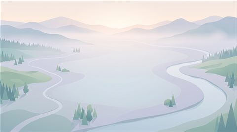 가운데가 비어 있는 넓은 배너 배경, 미니멀 플랫 일러스트, 위에서 내려다본 구도, 아침 안개, 몽환적인 분위기, 16:9 비율